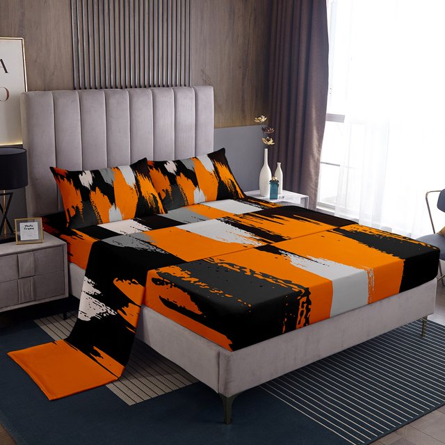 Erosebridal Orange Geometric Sheet Set Queen, Abstract Stripes Bedding Sets Queen Size, Minimalst Decor 4pcs