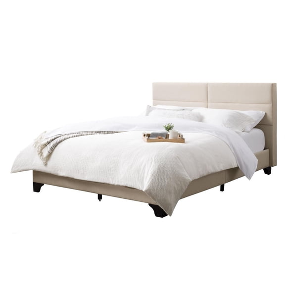 CorLiving Bellevue Queen Polyester Upholstered Platform Bed with Rectangle Tufted Headboard and Slats, Cream