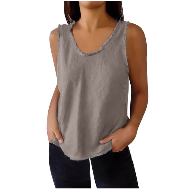 Plebaso Débardeurs pour Femmes Col Rond Sans Manches T-Shirts Couleur Unie Décontractés Amples T-Shirts Basiques pour Femmes