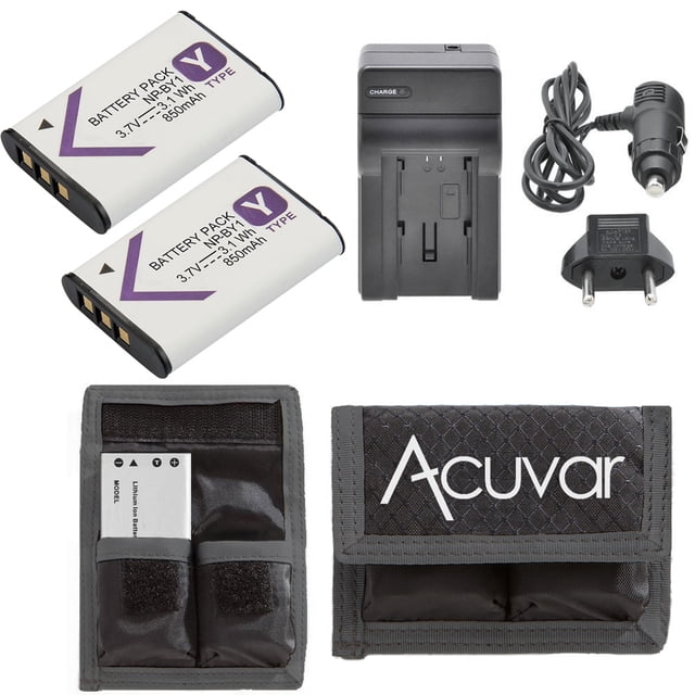 Deux batteries de Remplacement Li-Ion NP-BY1, un Chargeur pour Voiture et Maison, et un Petit Pochette pour Piles Acuvar Inclus dans le kit de Départ eCostConnection pour Caméras Reflex Numériques Sony. les Piles Sont 3,7 V, 850 mAh, et Compatibles avec les mini Caméras d'Action. le Chargeur Comprend une Prise Murale et un Adaptateur pour Voiture, Tandis Que le Pochette Légère Contient Deux Piles pour des Déplacements Faciles.