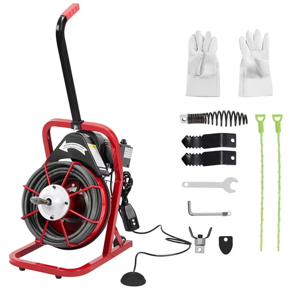 Electric Drain Cleaner Machine, 75FT x 1/2" Auto-Feed Cable, 370W Motor, 4 Interchangeable Cutters, Air-Activated Foot Switch, Gloves, For 1-4" Pipes – K-300K, 1/2" Storage, 75FT