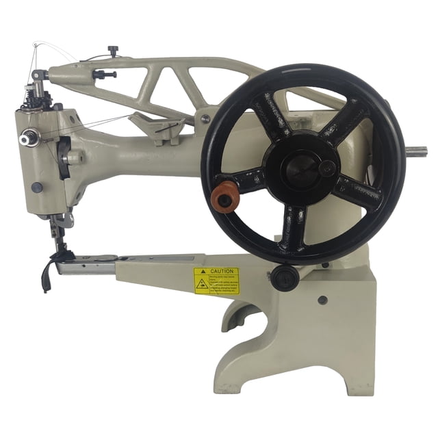 Leather Sewing Machine Sewing Mending Machine Industrial Leather Patcher Stitching Machine. A heavy-duty sewing machine made of high-quality cast iron with a spray paint finish for durability. Features a 360-degree rotatable press foot for precise stitching on cylindrical or tubular items like shoes, boots, and bags. Capable of sewing thick materials such as leather, rubber, and canvas with a maximum sewing speed of 500 R.P.M. Includes smooth thread routing and adjustable stitch length from 1-5mm. Shown in a side view with a manual handwheel and sturdy base.