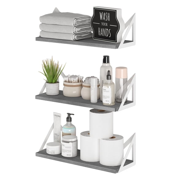 Wallniture Minori Gray Floating Shelves for Wall Bathroom Shelves for Over The Toilet Storage Wood Wall Shelves for Bedroom Living Room Kitchen Set of 3
