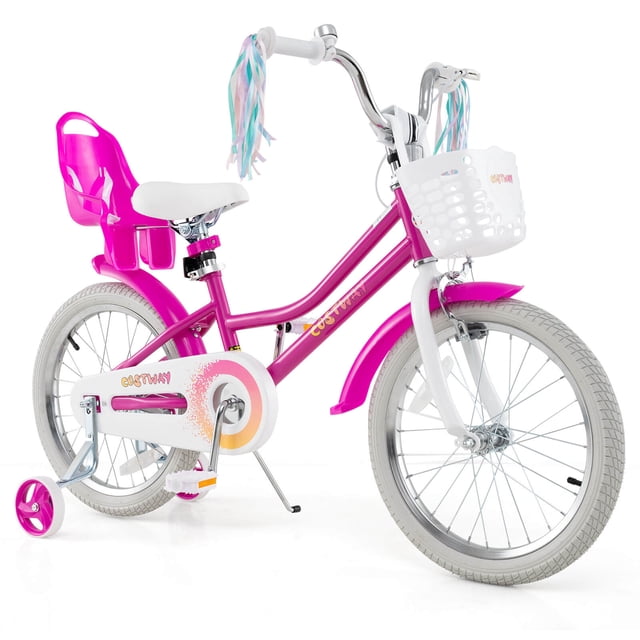 Costway Vélo pour Enfants de 18 Pouces avec Panier, Siège pour Poupée, Rubans Colorés, Roues Stabilisatrices, Vue Centrée Rose d'Un Vélo pour Enfants en Métal Rose de 18 Pouces avec Panier avant Amovible et Siège Arrière pour Poupée, Rubans de Guidon Colorés, Roues Stabilisatrices, Siège et Guidon Ajustables avec Levier à Dégagement Rapide, Freins à Main Doubles et à Rétropédalage, Réflecteurs avant et Arrière, Pédales Antidérapantes et Béquille. Utilisé Souvent pour Transporter une Poupée Préférée Ou de Petits Jouets Lors de Courts Trajets de Quartier