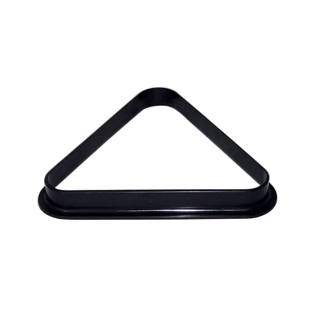 Hathaway Pool Table Billiard Ball Triangle Rack in a front-facing view, made of black durable composite plastic with a smooth molded triangular shape for regulation 2-1/4 inch billiard balls, measuring 11-1/8 inches per side and 1-1/4 inches high, designed for consistent racking without damaging felt, also suitable for organizing small round items.