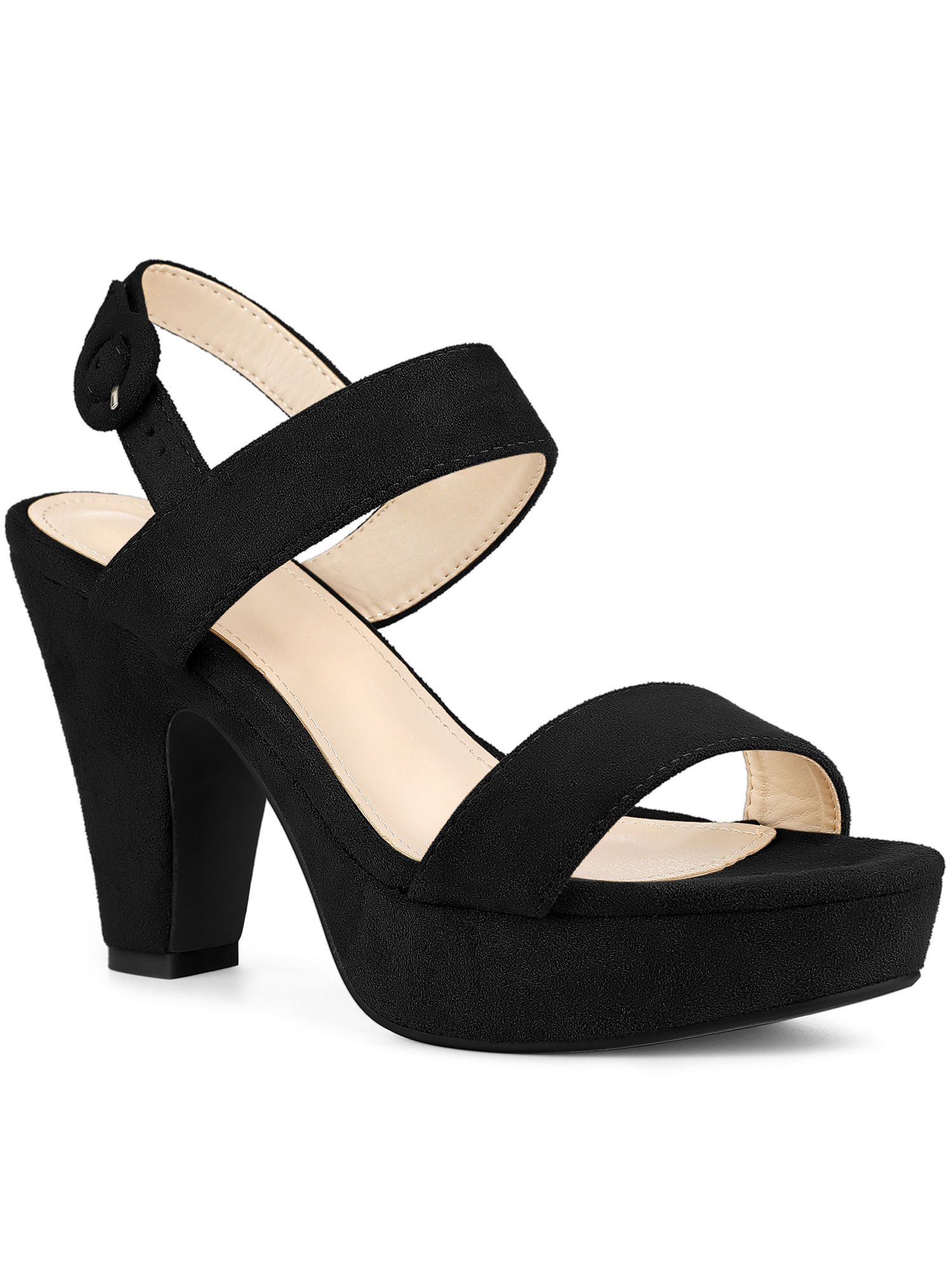 BLISSFUL STEP Women Platform Slingback Block Heeled Sandals Black 8.5
