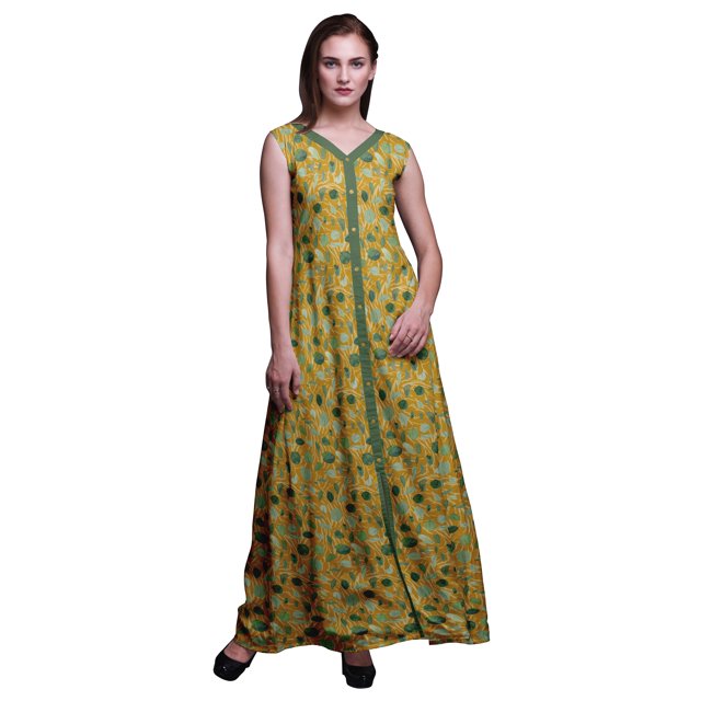 Bimba Robe de Plage Longue Sans Manches à Fente avant Imprimée de Feuilles Été Printemps pour Femmes - Moyen