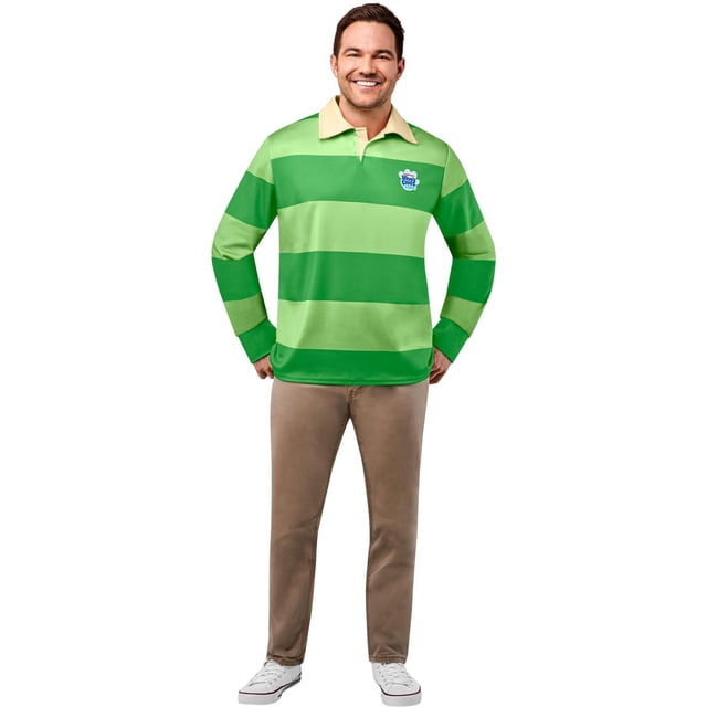 Blues Clues Steve Men's Costume featuring a two-toned green polyester long sleeve collared shirt with wide horizontal stripes and a Blue's Clues logo patch on the left chest, paired with beige pants and white sneakers in a front-facing full-body view on a white background, ideal for Halloween and costume parties.