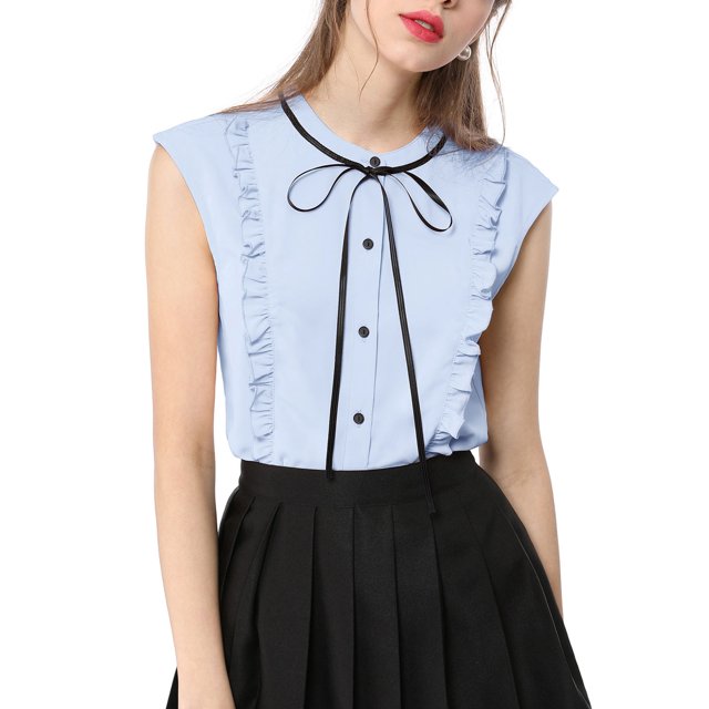 INSPIRE CHIC Women's Tie Neck Cap Sleeve Button Down Ruffle Summer Shirt