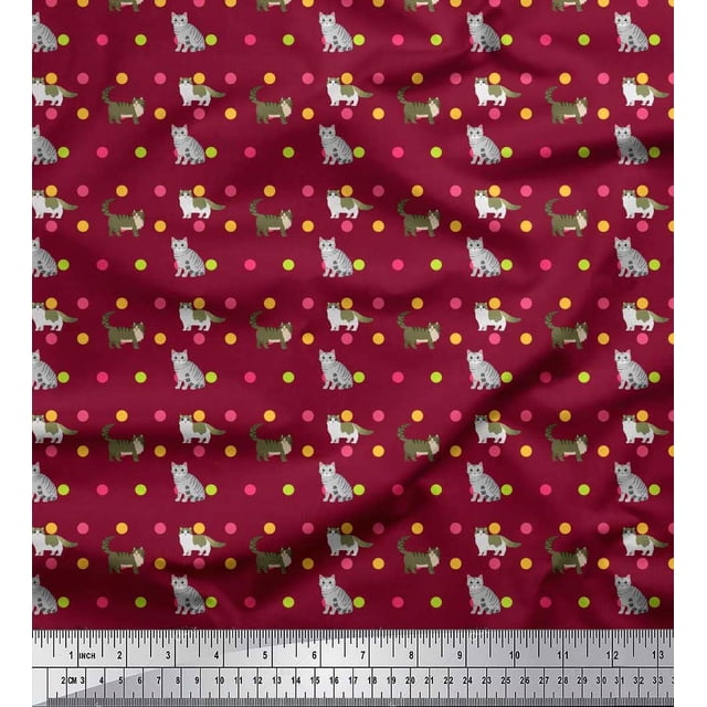 Soimoi Poly Georgette Fabric Dot & Cat Animal Fabric Prints by Yard 52 Inch Wide