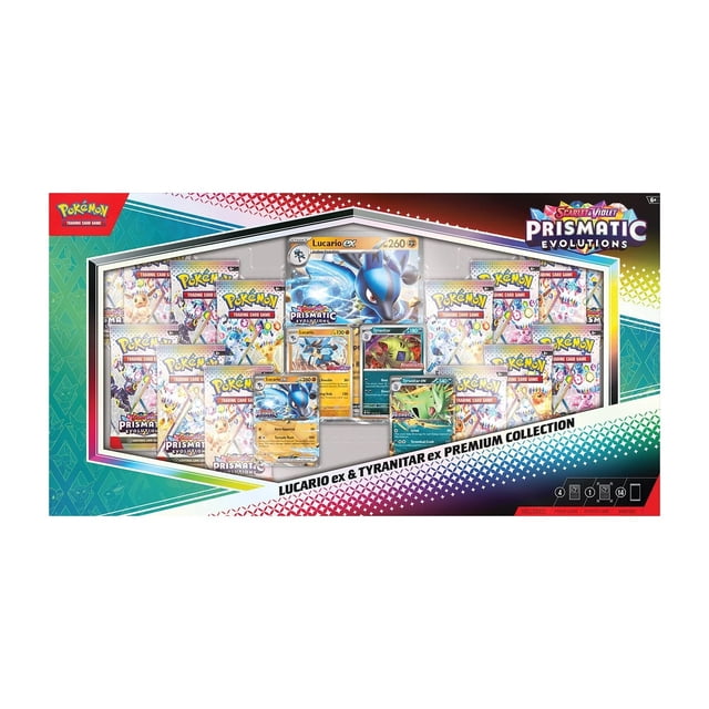 Pokemon Lucario Ex & Tyranitar Ex Collection Premium Comprend 2 Cartes promo en Feuille Chacune de Lucario Ex et Tyranitar Ex plus Lucario et Tyranitar, une Carte en Feuille Surdimensionnée Lucario Ex, et 14 Paquets booster Scarlet & Violet Prismatic Evolutions dans une Boîte de Collectionneur.
