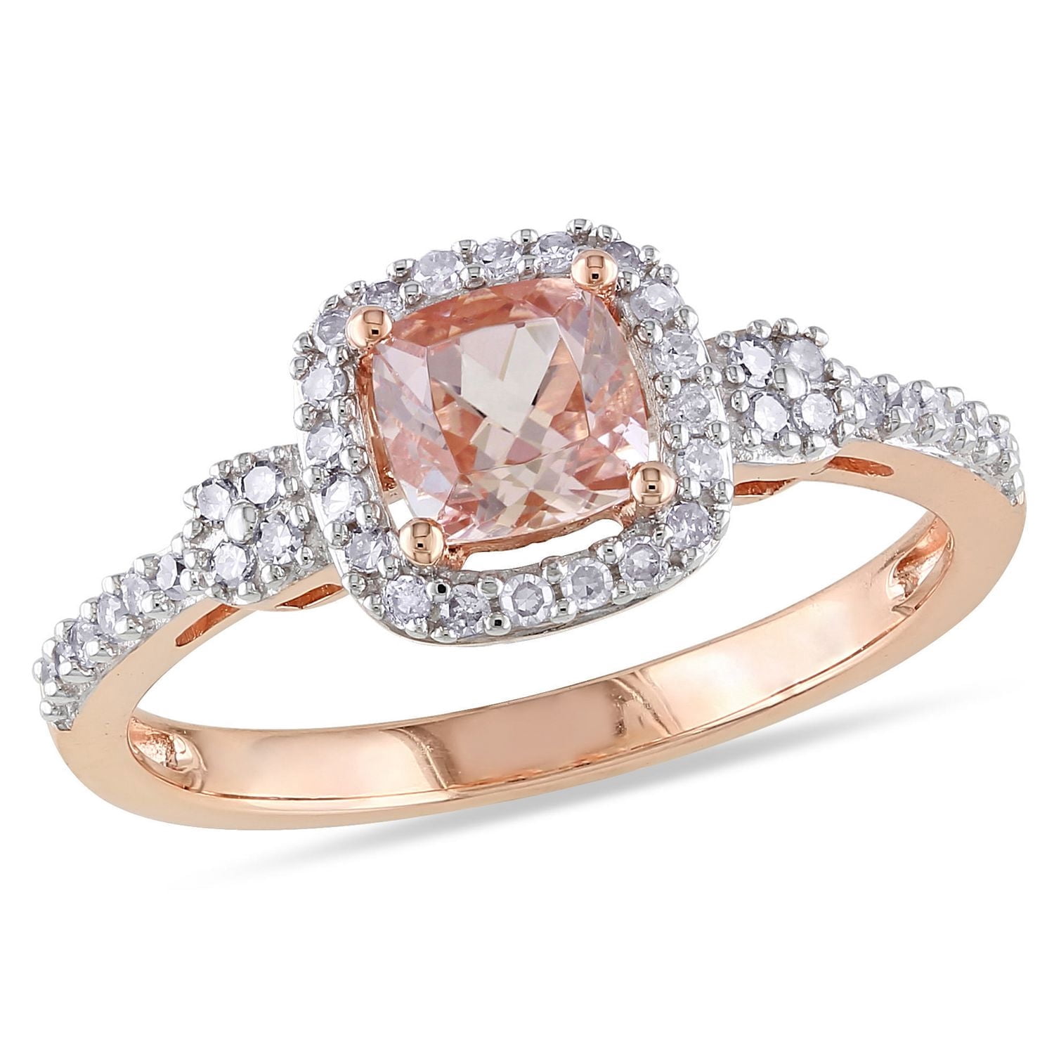 Bague auréole Tangelo avec morganite de coupe coussin 3/5 CT PBT et diamants 1/6 CT poids total en or rosé 10K