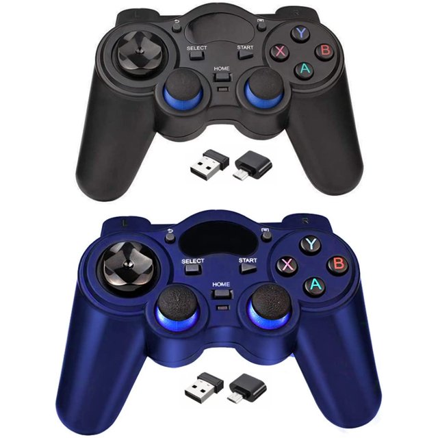 USB 2.4G Wireless Game Controller 2 Pack for PC/Laptop Computer, compatible with Windows XP/7/8/10, Android, PS3, and Steam. The set includes two ergonomic controllers, one in black and one in blue, each featuring dual analog sticks, responsive buttons, and a compact design for extended gaming comfort. The package also includes two USB wireless receivers and an OTG adapter for seamless plug-and-play connectivity. Ideal for PC gaming and other supported platforms.