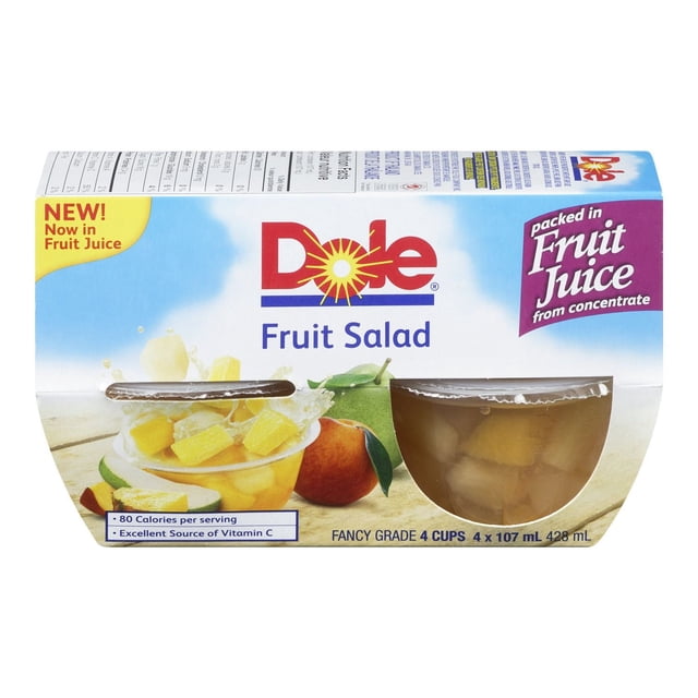 Dole Fruit Salad in Fruit Juices pack with four 107 mL cups of bite-size mixed fruit pieces including pineapple and pear, packed in fruit juice from concentrate, suitable for chilled snacking or lunchboxes, featuring nutrition highlights and fresh fruit images on the packaging.
