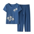 thumbnail image 1 of Mikilon Ensemble Élégant pour Femmes 2 Pcs Coton Lin Costume Deux Pièces Manches Courtes Col Rond Haut Imprimé Pantalon Ensemble Bleu-A L, 1 of 3