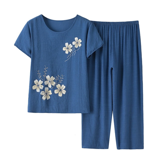 Mikilon Ensemble Élégant pour Femmes 2 Pcs Coton Lin Costume Deux Pièces Manches Courtes Col Rond Haut Imprimé Pantalon Ensemble Bleu-A L