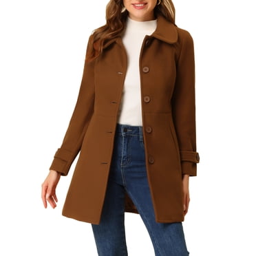 INSPIRE CHIC Women's Coats Peter Pan Collar Single Breasted Button Front Outwear Winter Coats M Brown