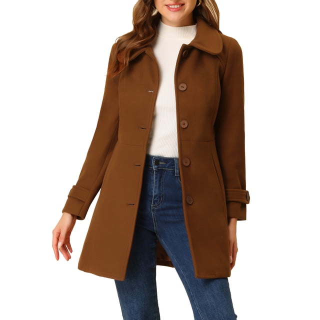 INSPIRE CHIC Manteaux pour Femmes Col Peter Pan Boutonnage Simple devant à Boutons Manteaux d'Hiver TP Brun