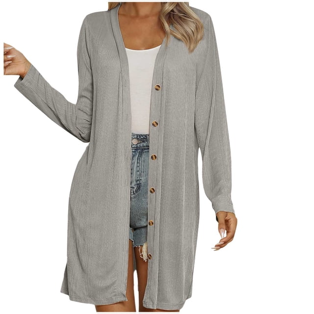 Lenpel Cardigan pour Femmes Léger à Manches Longues, Col en V, Boutonné, Cardigans Décontractés, Blouses Amples d'Extérieur (Gris, Très Grand)