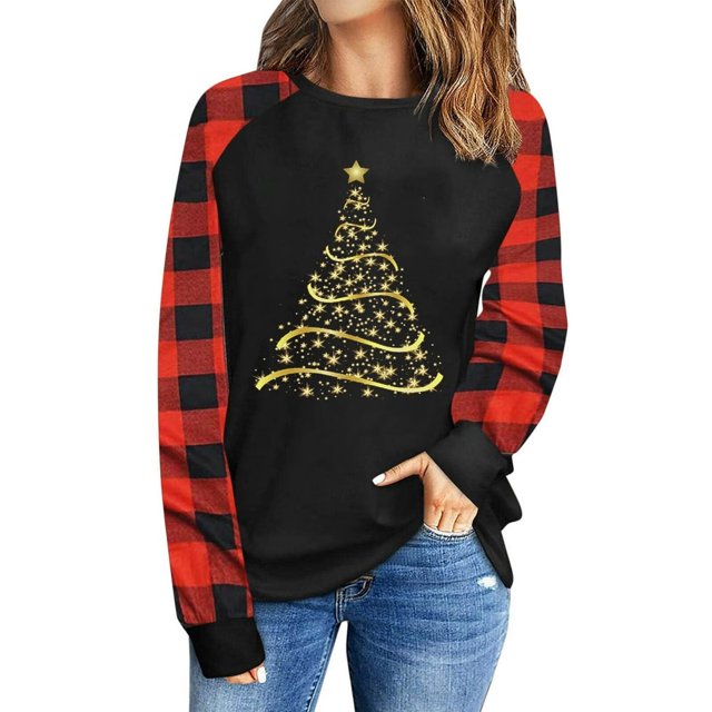 Womens Long Sleeve Shirts Crew Neck Pullover Sweatshirt Pattern Raglan Casual Tunic Tops Christmas Print Shirt