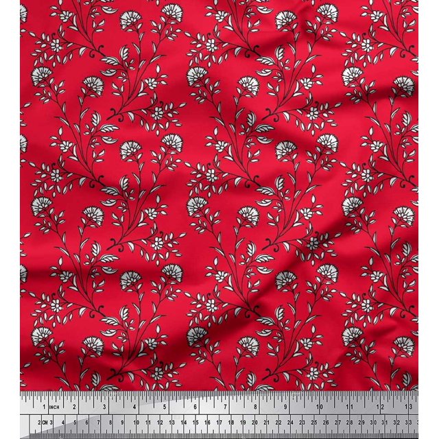 Soimoi Poly Georgette Fabric Leaves & Floral Block Print Fabric by Yard 52 Inch Wide