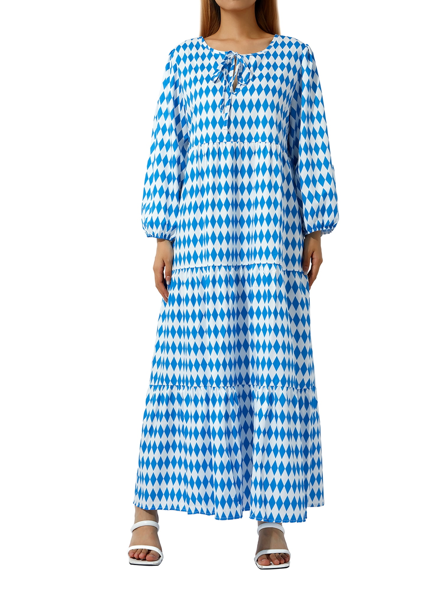 Kmbangi Robe Longue pour Femmes à Imprimé Géométrique, Col en V, Manches Longues Bouffantes, Coupe Ample, Robe Mode pour le Printemps et l'Été