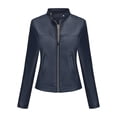 thumbnail image 4 of Dark Royal Blue Womens Collared Neck Faux Leather Button Up Zip Up Jackets Coat for Ladies Long Sleeve Hooded Motorcycle Basic Fall Winter Jacket 2025 Clothes Y2K S, 4 of 8