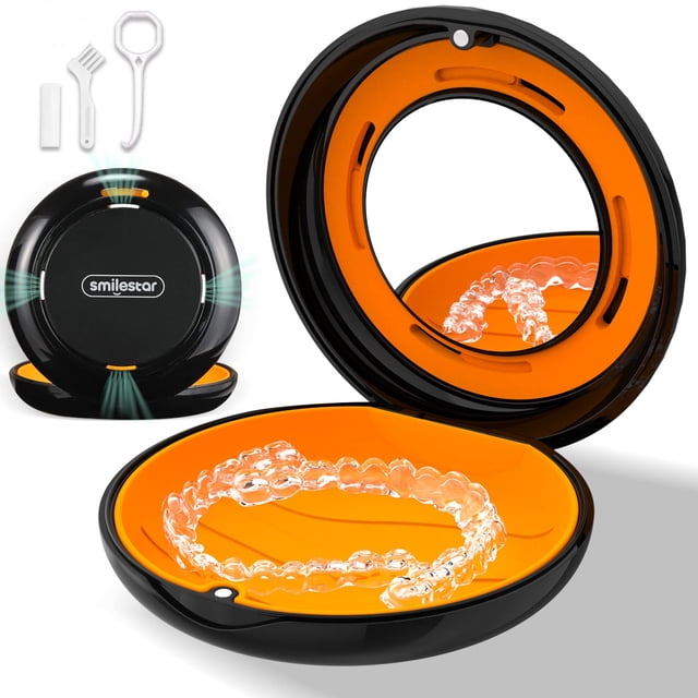 Retainer Case, Slim Aligner Case with Adjustable Vent Holes and Mirror, shown in black with an orange interior. The case features a built-in mirror, magnetic closure, and four adjustable vent holes for ventilation or dust protection. Includes a transparent aligner inside, with additional tools such as a retainer remover, chewie, and brush displayed. Compact and portable design, compatible with Invisalign, night guards, and mouth guards.