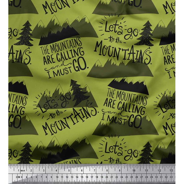 Soimoi Green polyester Crepe Fabric Mountains & Text Decor Fabric Printed Yard 52 Inch Wide