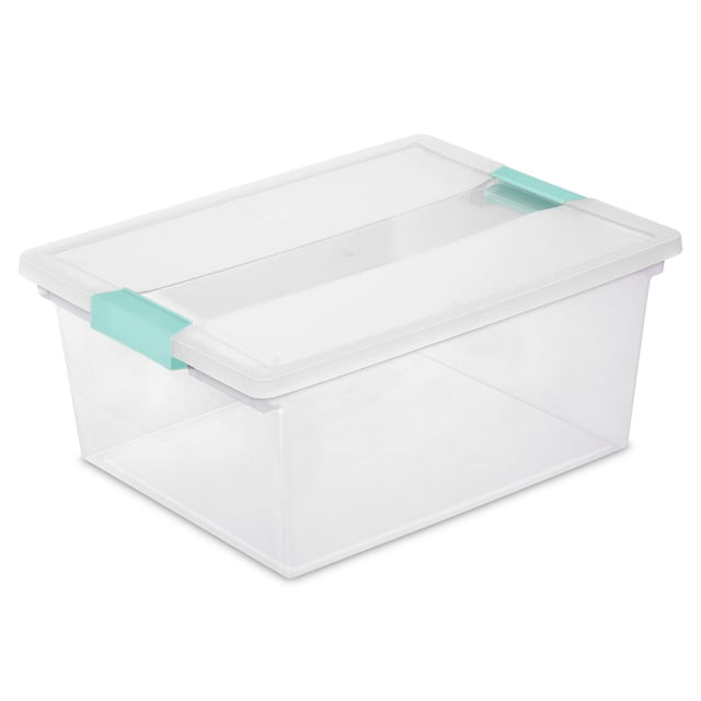 Sterilite Boîte à Pince Profonde Transparente avec base Rectangulaire Transparente et Couvercle Blanc Sécurisé par des Loquets à Pince Turquoise, Conçue pour l'Empilage Modulaire et l'Organisation de Papier, Jouets Ou Fournitures d'Artisanat standard 8,5 Pouces x 11 Pouces dans le Rangement à la Maison Ou au Bureau.