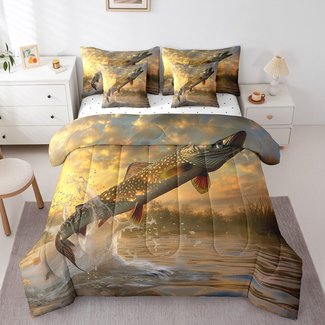 YST Ensemble de Douillette Poisson, 7 Pcs Lit Simple Tout-en-un, Ensemble de Literie Thème Chasse