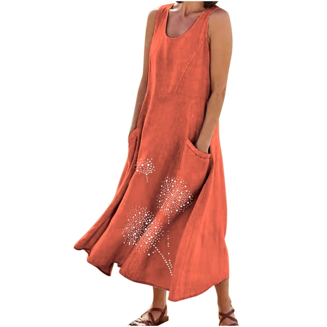 RKSTN Robes d'Été pour Femmes Décontractées en Coton et Lin à Col Rond Sans Manches Robes de Plage Amples Grande Taille à Imprimé Floral Évasées Maxi