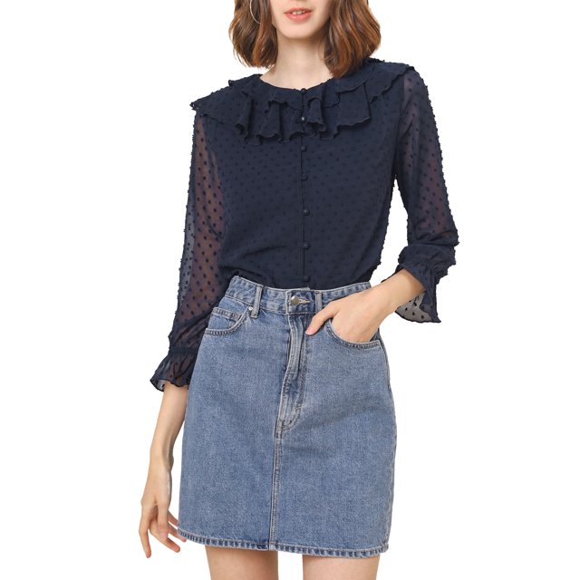 INSPIRE CHIC Women's Ruffle Neck Polka Dots Sheer Chiffon Blouse