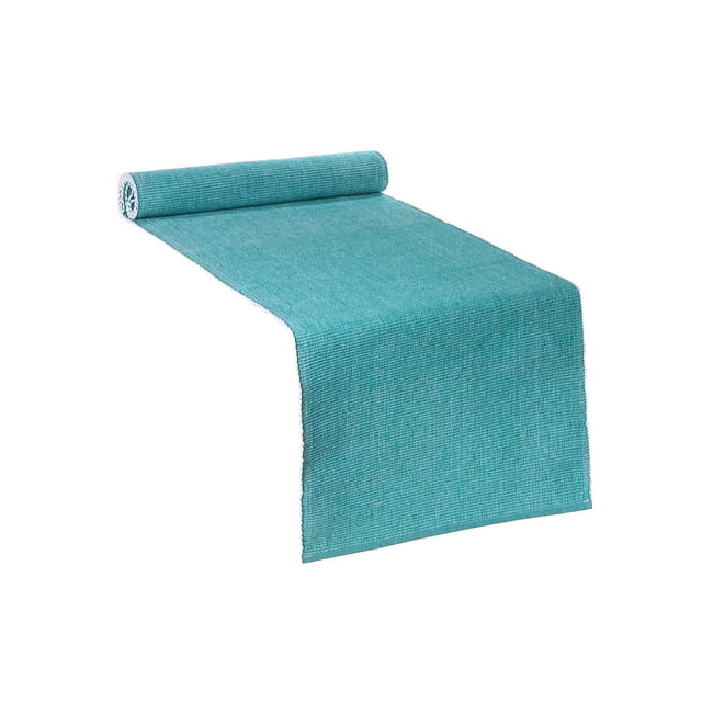 Chambray Ribbed Table Runner (Teal) - Set of 2 shown partially unrolled with ribbed cotton texture in teal, measuring 13 by 54 inches, suitable for dining and coffee table linens and home décor.