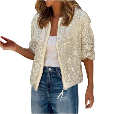 Womens Sequin Jacket Fashion Casual Long Sleeve Front Zip Jackets Lightweight Solid Color Trend Party Coat with Pockets Beige L