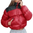 thumbnail image 1 of FAIWAD Puffer Jacket for Womens Long Sleeve High Neck Zip Up Patchwork Short Warm Down Coat, 1 of 6