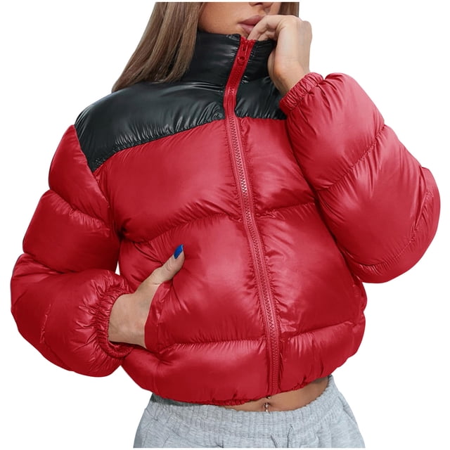FAIWAD Puffer Jacket for Womens Long Sleeve High Neck Zip Up Patchwork Short Warm Down Coat