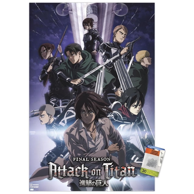 Attack on Titan : Saison 4 - Affiche Murale Key Visual 2 Représentant des Personnages en Équipement Tactique Noir avec des Épées et des Fusils Posés Dynamiquement devant une Haute Tour la Nuit, Imprimée sur Papier Lustré, Convient à l'Art Mural et à la Déco Intérieure.