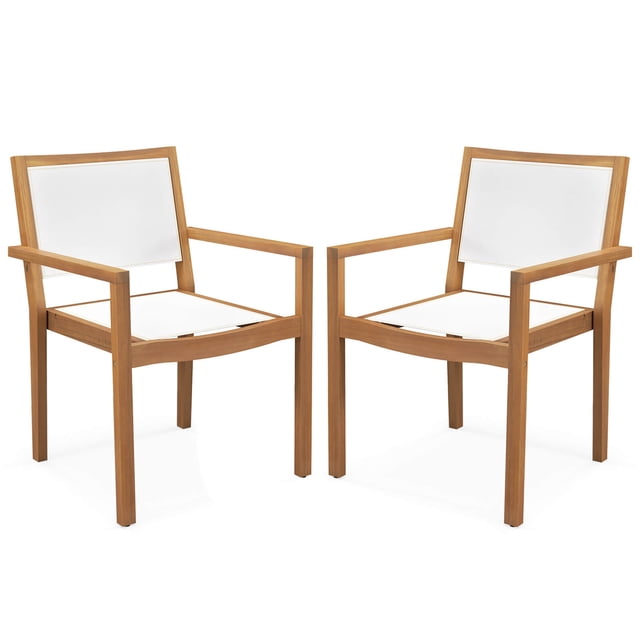Costway Stackable Dining Chair Set of 2 with a modern design, featuring a durable acacia wood frame and breathable white wear-resistant fabric on the seat and backrest. Includes curved armrests, adjustable foot pads for stability, and a stackable design for convenient storage. Ideal for outdoor settings such as patios, porches, backyards, or poolside.