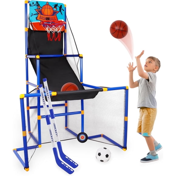 Bruce&Shark Centre d'Activités Multisport 3-en-1 pour Enfants, Ensemble de Basketball Football Hockey avec Support, Jouet Intérieur/extérieur pour Tout-Petits