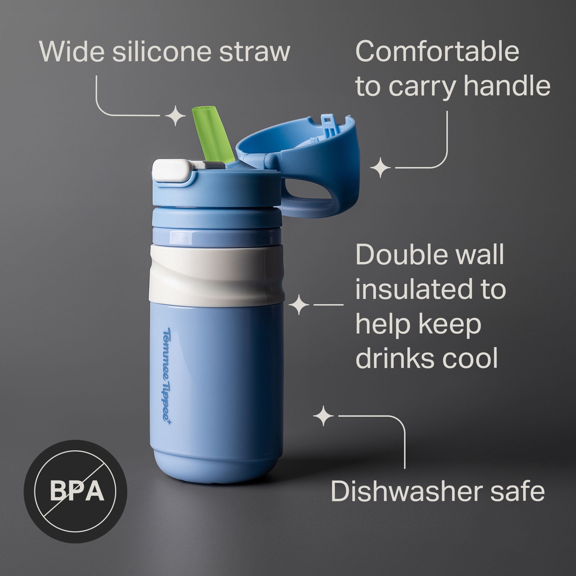 Tommee Tippee Insulated on-the-go Straw Cup, 2x 11oz Cups, 18 Months+, Spill Proof Toddler Water Bottle, Push-To-Open Lid, Blue and Red