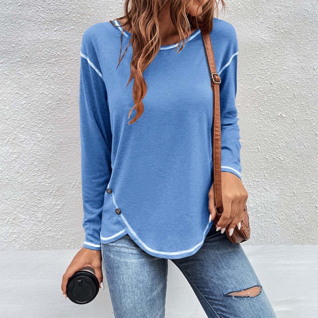 RXIRUCGD Mode Femme Col Rond Manches Longues Uni Décontracté Chemise Blouse à Empiècements, Bleu Clair, Taille : TG