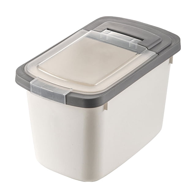Car Organizers and Storage Large Airtight Rice Container, Food Storage Cereal Container, Pet Dog Food Container with Measuring Cup, and Flour Grain Container for household use. The white container features a compact rectangular design with a grey flip-up lid and a transparent section for easy viewing. Measuring approximately 35x22x20cm, it is suitable for storing rice, grains, or pet food while keeping contents fresh and organized. Ideal for kitchens, pantries, or cupboards.