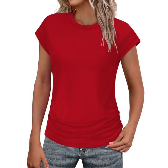 Plebaso T-shirts Décontractés pour Femmes d'Été à Manches Courtes Style Cap, Col Rond, Couleur Unie, Coupe Ample, T-Shirt Basique pour Femmes