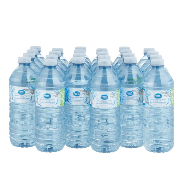 Great Value 24pk Spring Water with 24 clear 500 mL plastic bottles arranged in rows, featuring blue and white labels and white caps, containing sodium-free, non-carbonated natural spring water in eco-friendly bottles made from 100% recycled plastic, suitable for quick and convenient hydration.