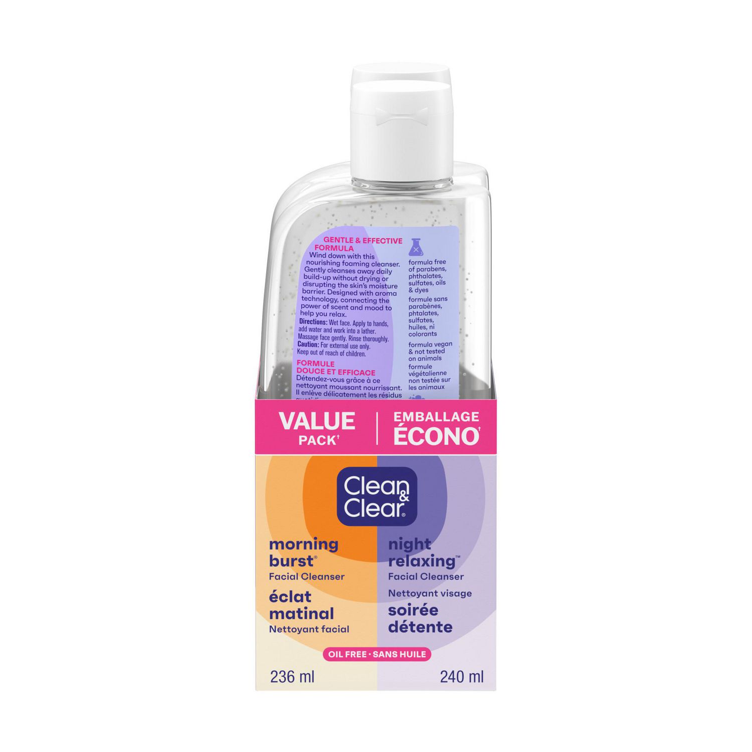 Clean & Clear Emballage Écono Jour et Nuit Nettoyant Quotidien pour le Visage, Sans Huile, Vitamine C, BHA, Acide Hyaluronique, Non Comédogène