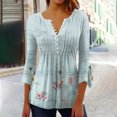 thumbnail image 2 of Pompotops Women's Casual Trumpet 3/4 Sleeve Printed Buttoned Basic Ruched Tops Pleated T-shirts Blouses On Sale, 2 of 5