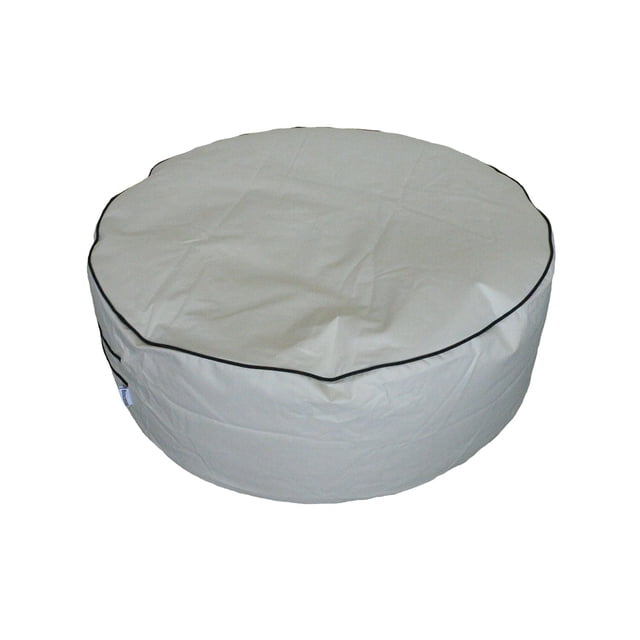 Boscoman Calaveras Outdoor Ottoman Bean bag, round with light beige durable fabric cover and black piping, designed for kids' seating and outdoor use, offering comfortable, long-lasting support and easy cleaning.