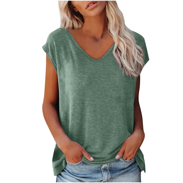 Pompotops Fashion Woman Causal V-Neck Solid Blouse Sleeveless T-Shirt Summer Tops