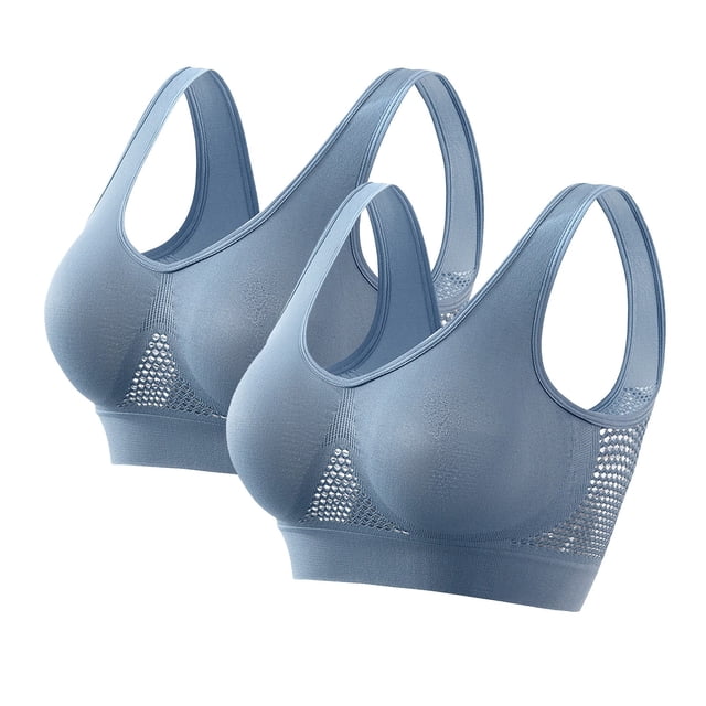 Xfvqtps 2PC Large Size Sports Bras for Women Mesh Hollow out Wireless Standard Strap Solid Color Elastic Pullover Comfortable Breathable Yoga Bra Blue*2